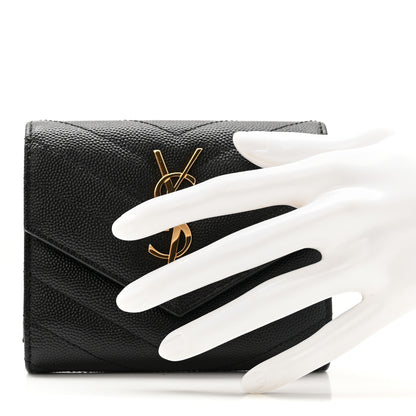 Saint Laurent Grain De Poudre Matelasse Chevron Monogram Compact Tri Fold Wallet Black 2 of 7