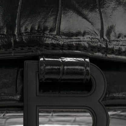 Balenciaga Shiny Calfskin Monochrome Crocodile Embossed Hourglass Chain Bag Black 12 of 15