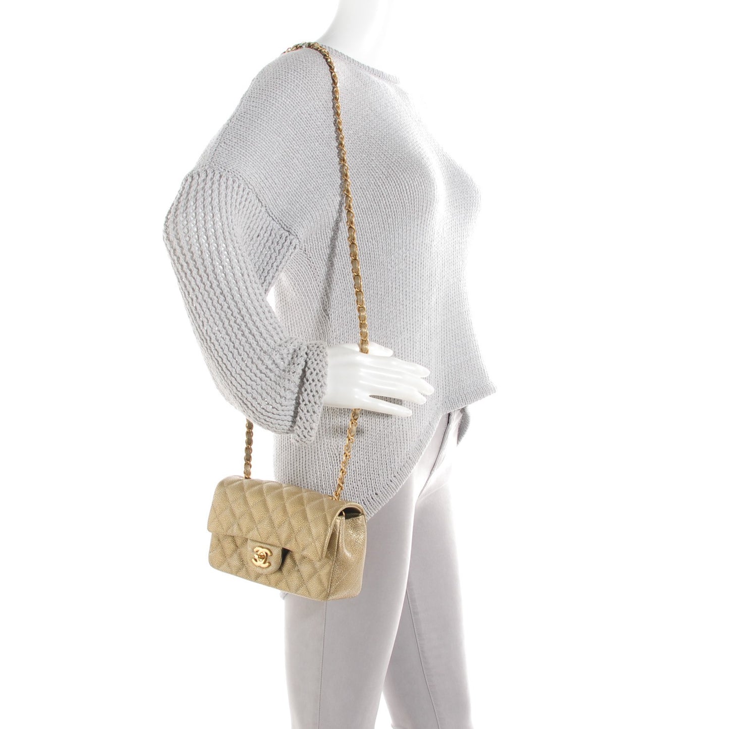 Pearly Caviar Quilted Mini Rectangular Flap Gold