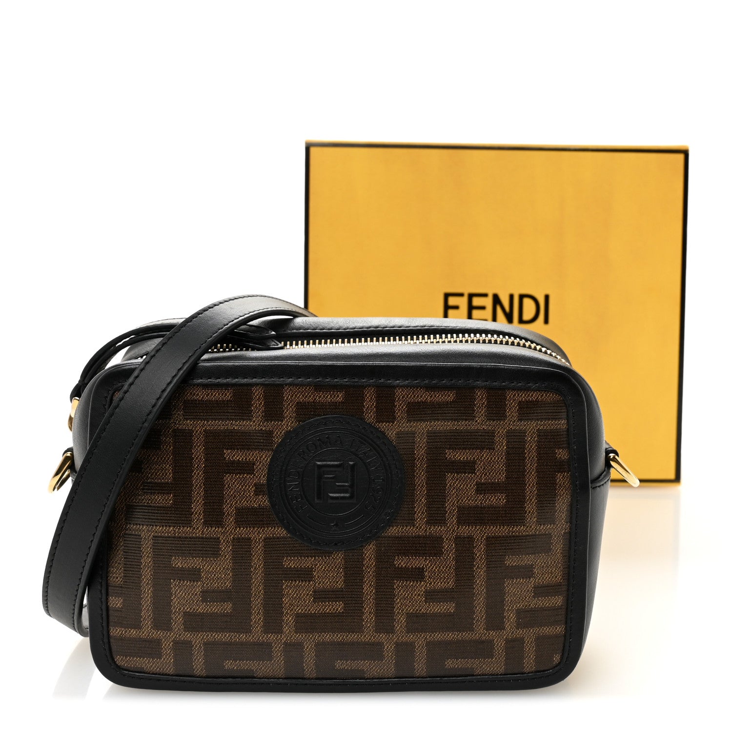 Fendi Glazed Fabric Vitello Century FF 1974 Stamp Patch Mini Camera Case Mogano Panna Black 11 of 11