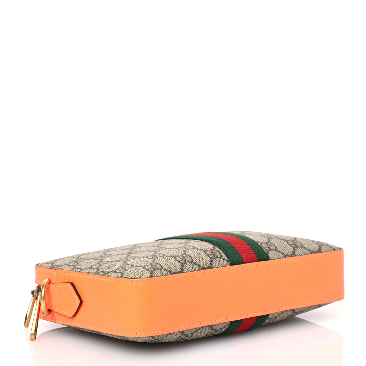 Gucci GG Supreme Monogram Textured Dollar Calfskin Web Ophidia Wristlet Shoulder Bag Beige Ebony Orange 5 of 12