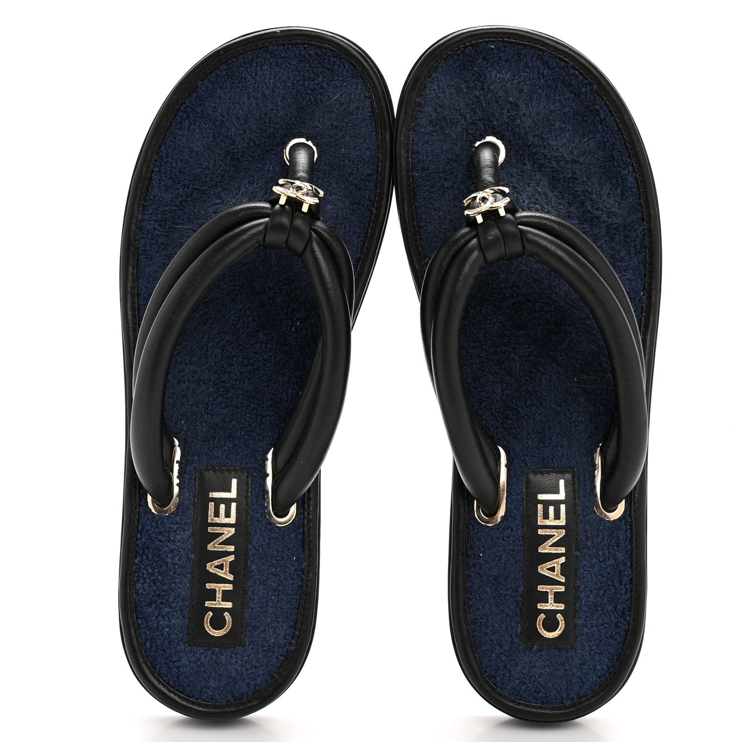 Lambskin Terry Cloth CC Thong Sandals 38 Black Dark Navy