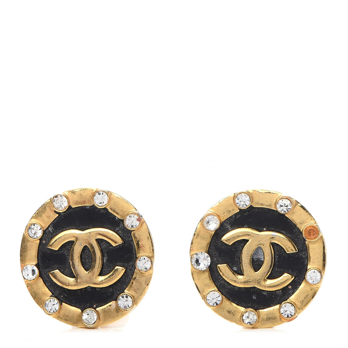 Crystal CC Round Clip On Earrings Black Gold