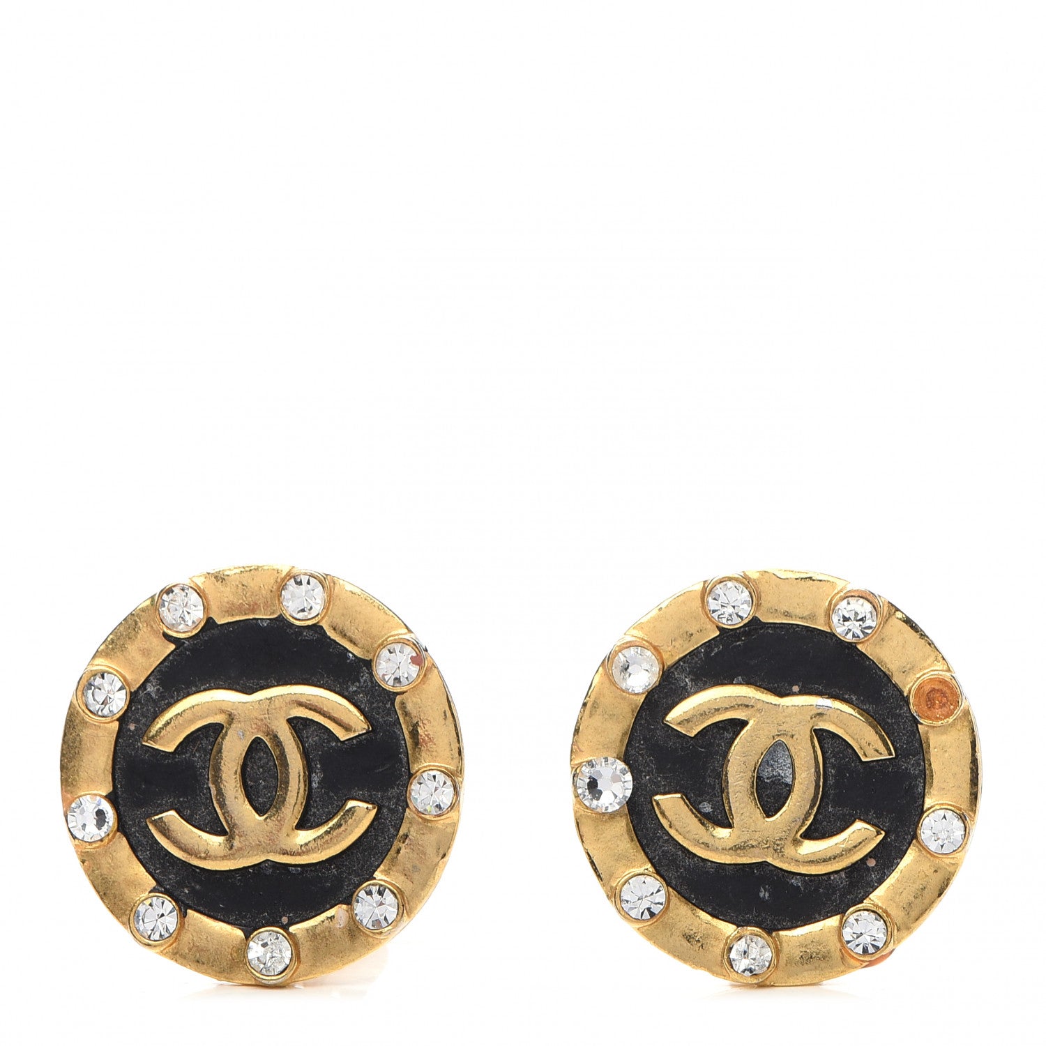 Chanel Crystal CC Round Clip On Earrings Black Gold 1 of 5