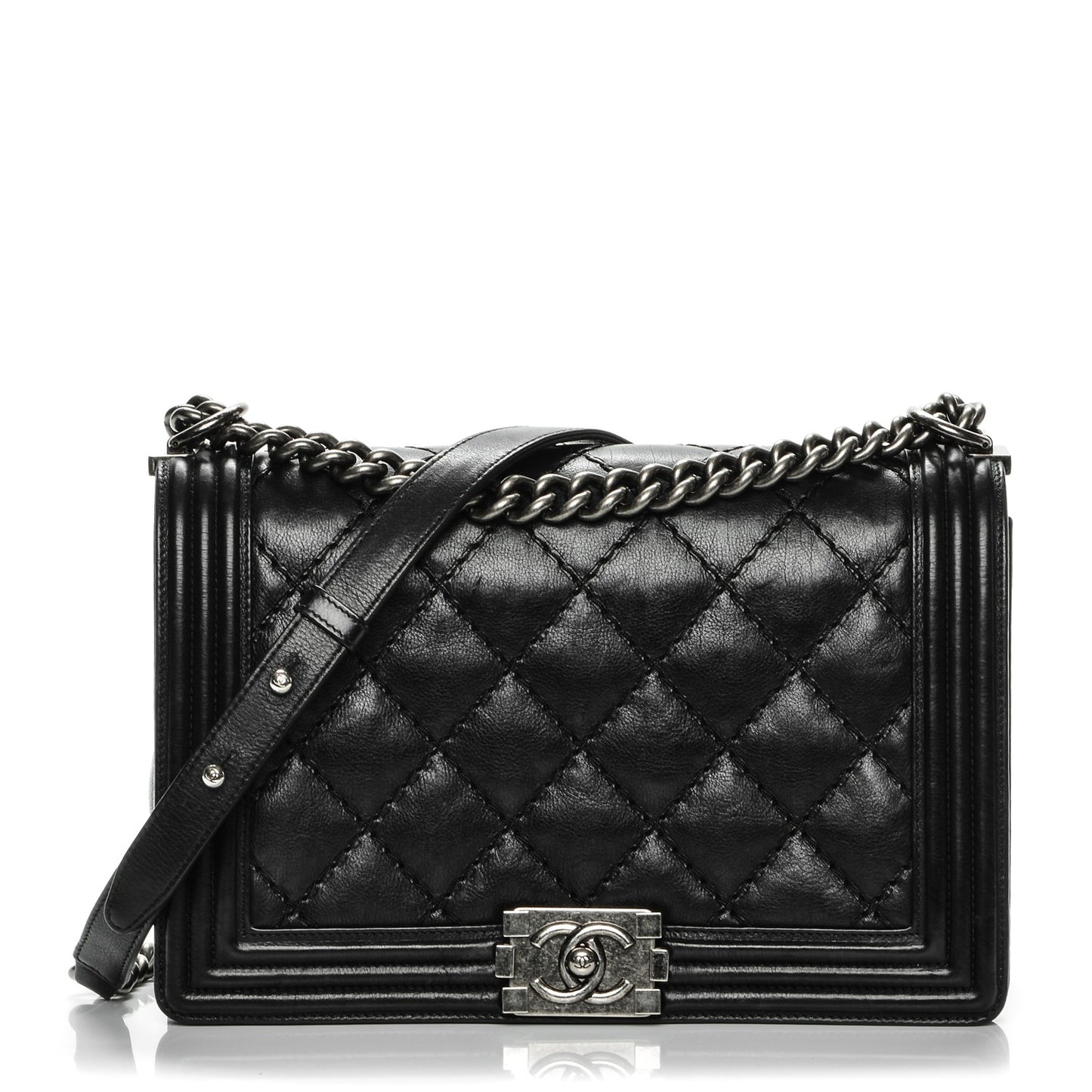 Calfskin Quilted Double Stitch New Medium Boy Flap Black