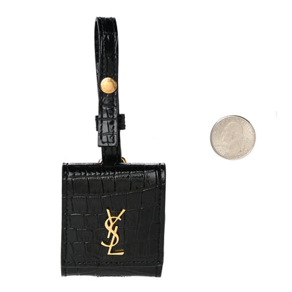 Saint Laurent Calfskin Crocodile Embossed Monogram Airpods Case Black 2 of 6
