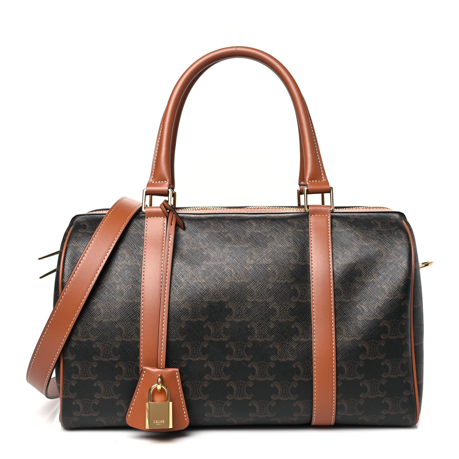 Celine Triomphe Canvas Calfskin Boston Bag Tan 1 of 10
