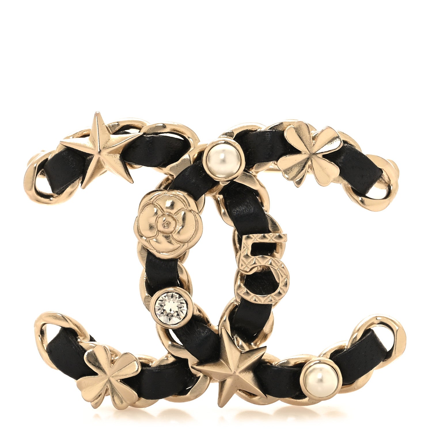 Chanel Lambskin Pearl Strass Sergeant Chanel Brooch Black Gold 1 of 4