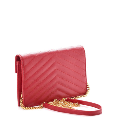 Saint Laurent Grain De Poudre Matelasse Chevron Monogram Envelope Chain Wallet New Red 3 of 9