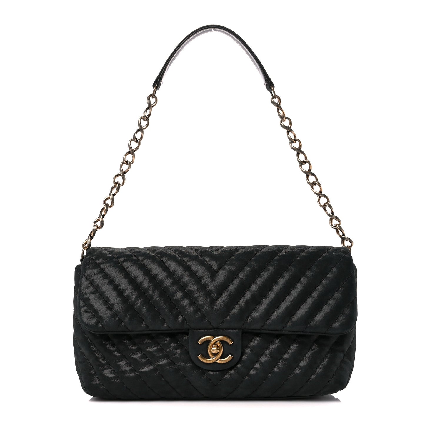 Iridescent Calfskin Surpique Chevron Large Flap Black
