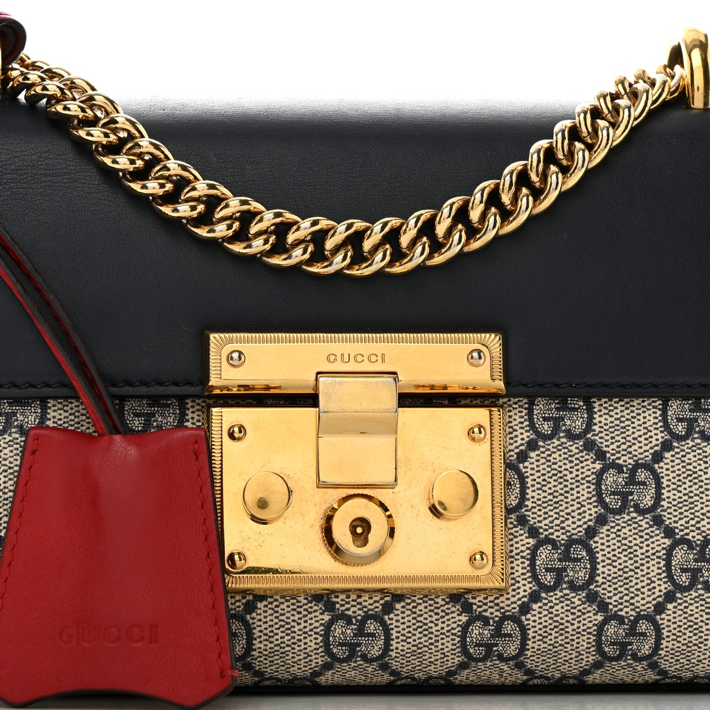 GG Supreme Monogram Moon Calfskin Small Padlock Shoulder Bag Beige Blue Mystic White Hibiscus Red