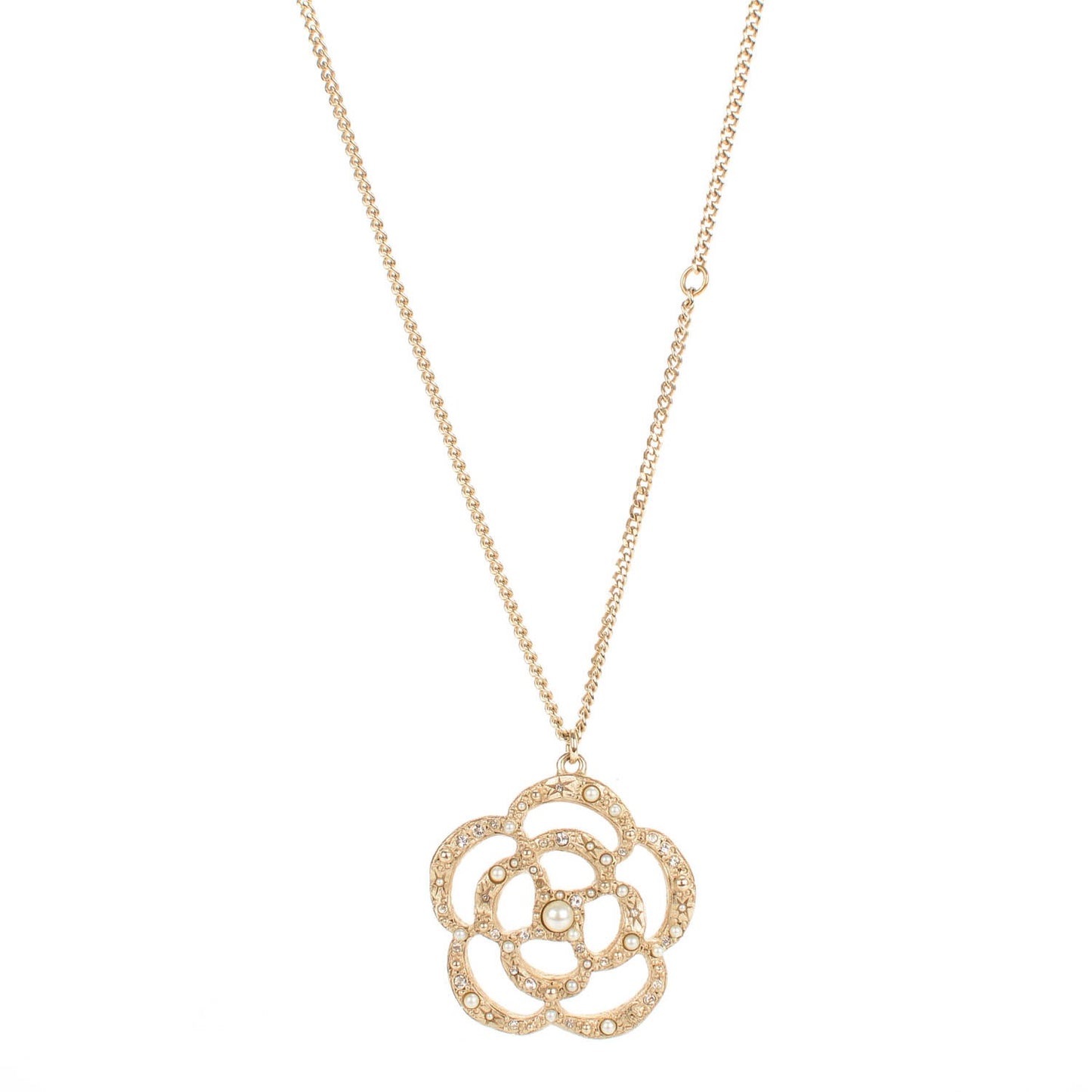 Pearl Crystal Large Camellia Pendant Necklace Light Gold