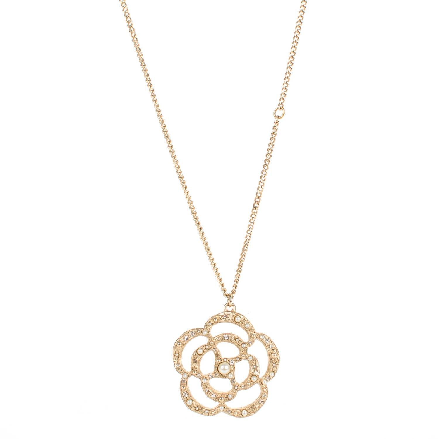 Chanel Pearl Crystal Large Camellia Pendant Necklace Light Gold 1 of 7