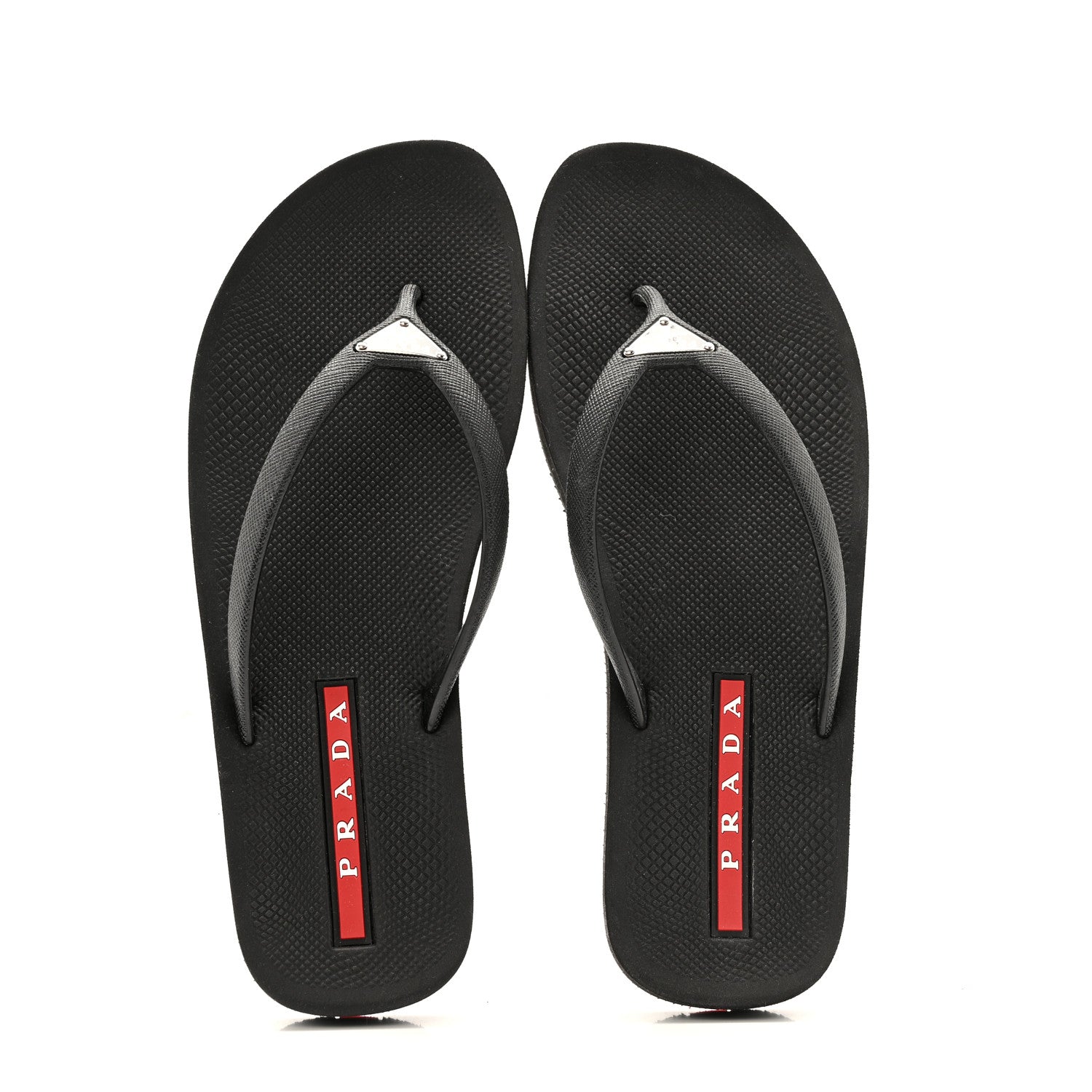 Prada Saffiano Rubber Metal Triangle Thong Sandals 37 Black 2 of 12