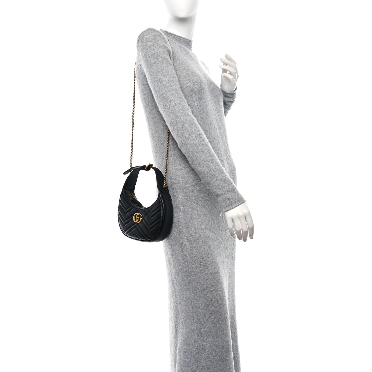 Gucci Calfskin Matelasse Chevron Mini GG Marmont Half Moon Hobo Black 2 of 9