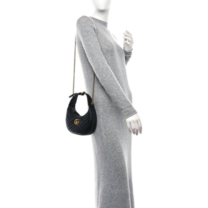 Gucci Calfskin Matelasse Chevron Mini GG Marmont Half Moon Hobo Black 2 of 9