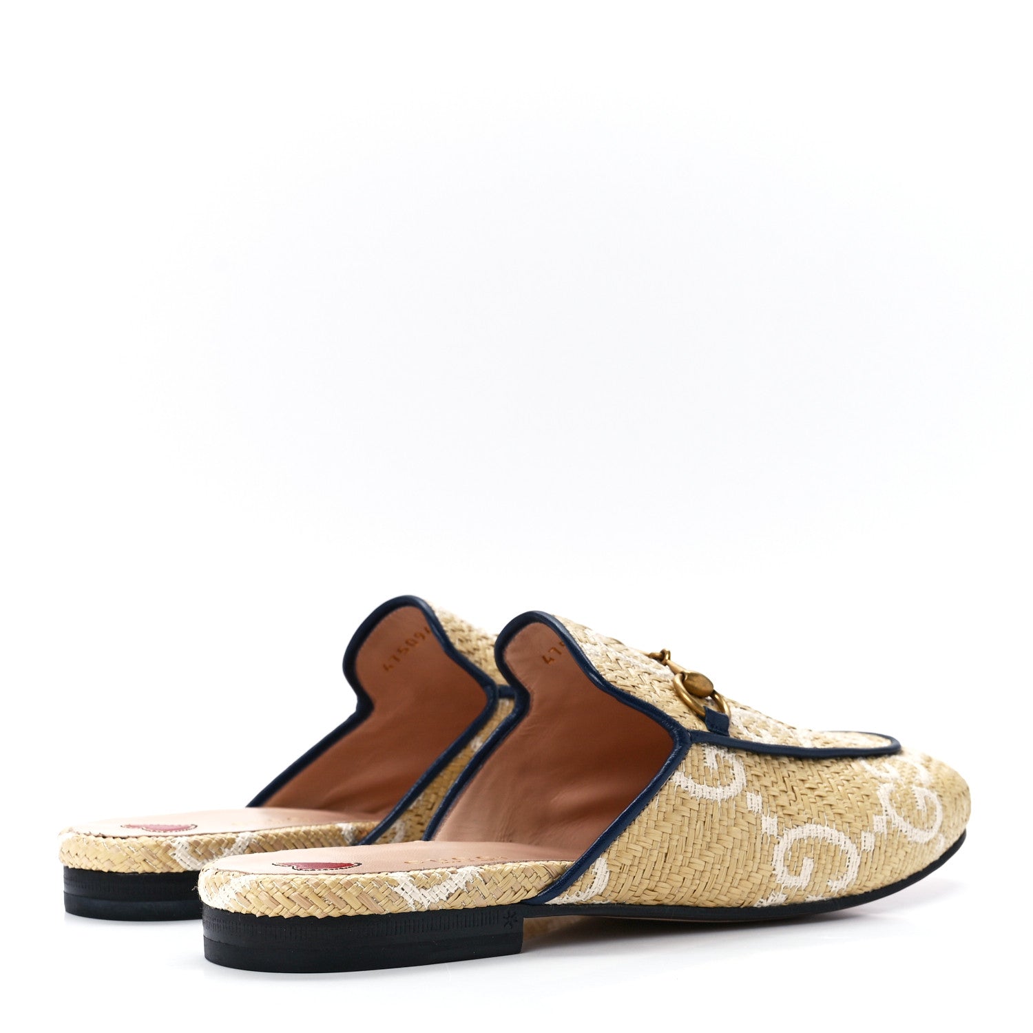 Gucci Raffia Malaga Kid GG Monogram Chevron Horsebit Womens Princetown Slippers 38.5 Natural Mystic White Blue Agata 4 of 9