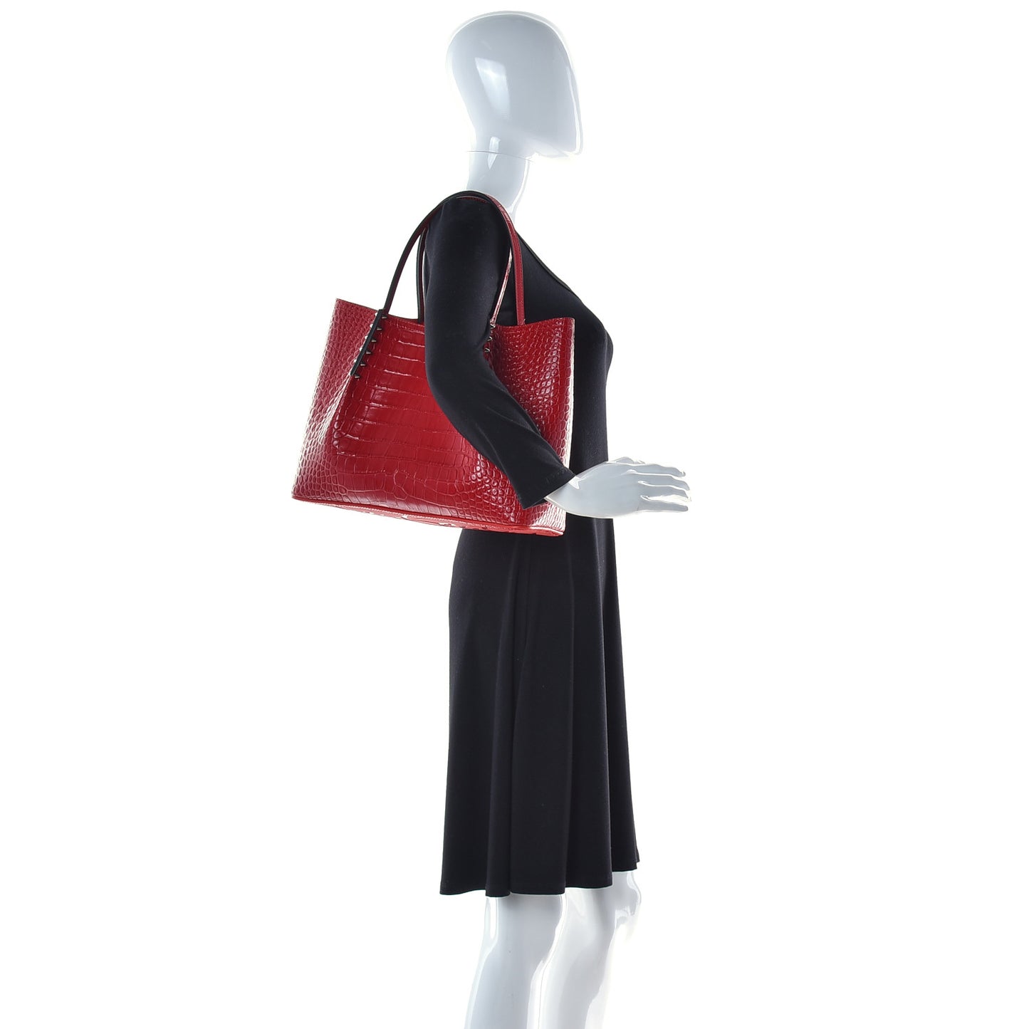 Crocodile Embossed Calfskin Spiked Small Cabarock Shopper Tote Red
