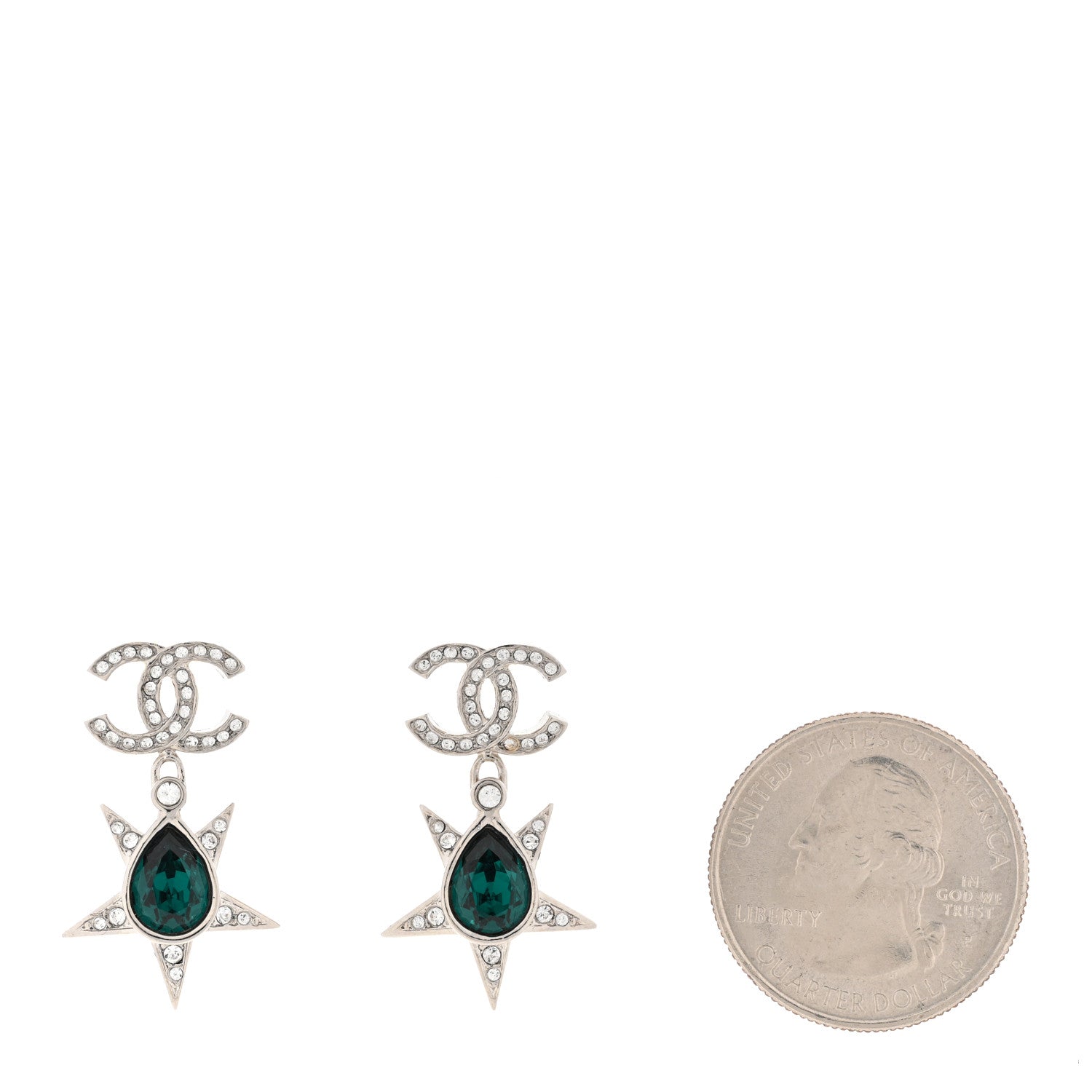 Chanel Crystal CC Star Earrings Silver Green 2 of 5