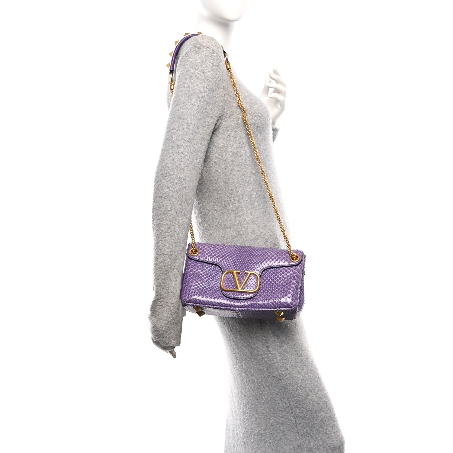 Valentino Garavani Snakeskin Stud Sign Shoulder Bag Purple 2 of 12