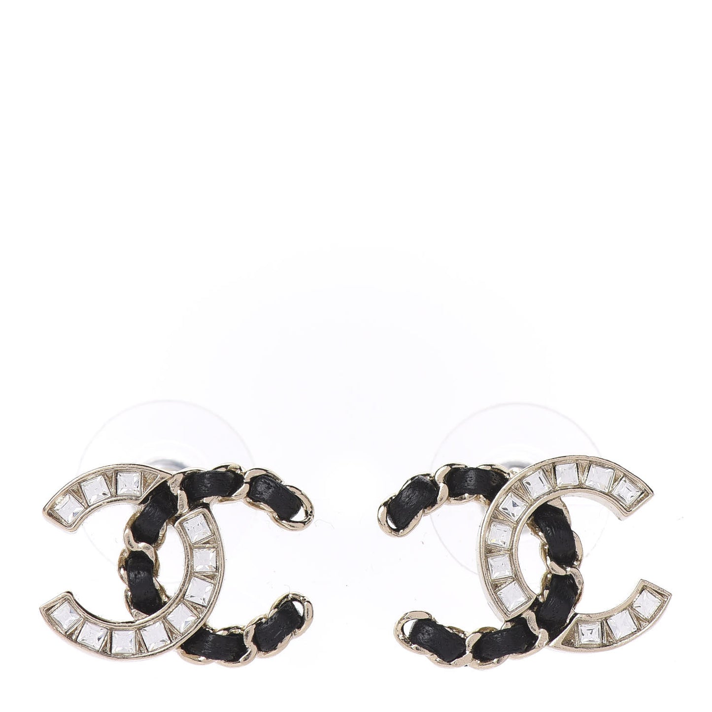 Crystal Baguette Lambskin Chain CC Vintage Allure Stud Earrings Black Gold
