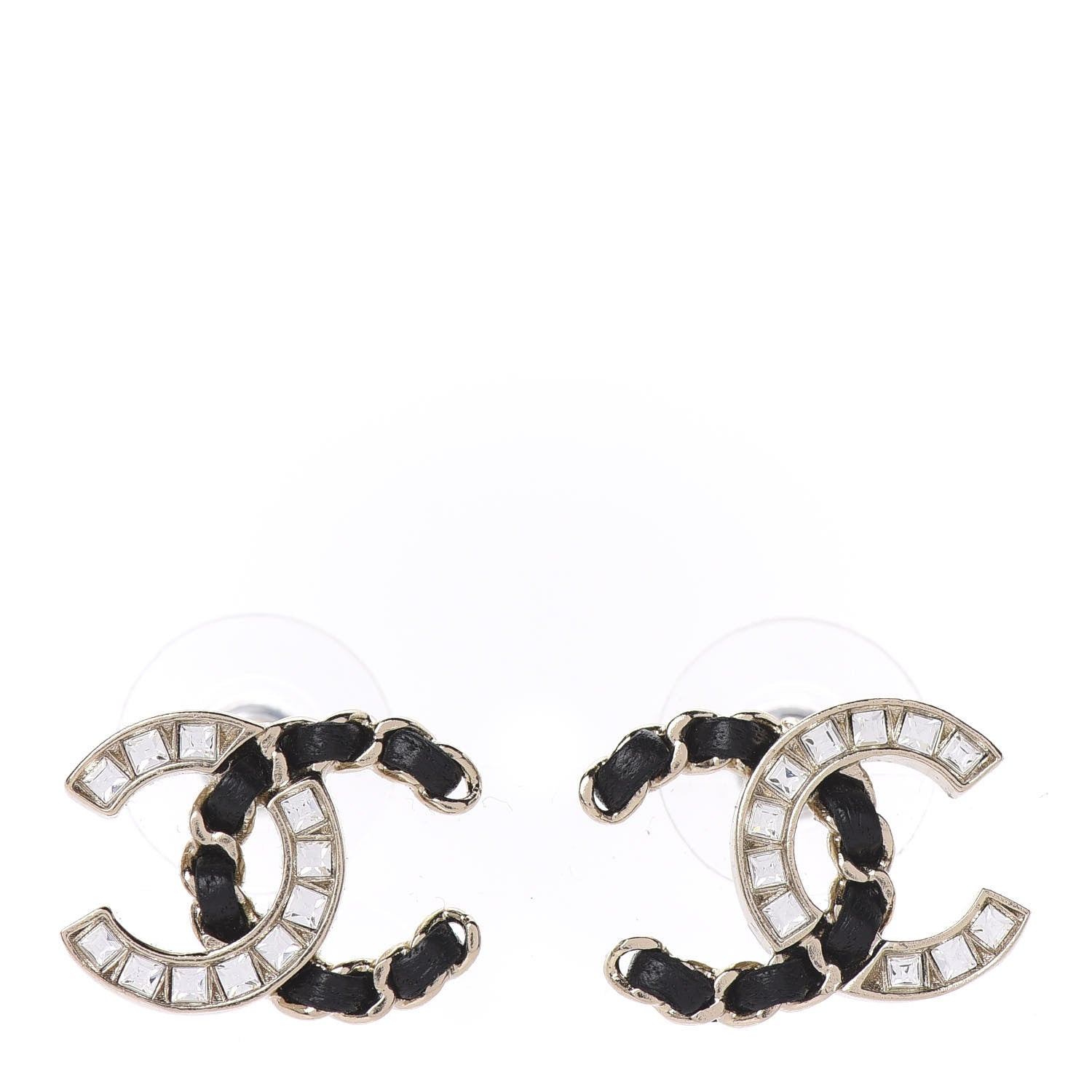 Chanel Crystal Baguette Lambskin Chain CC Vintage Allure Stud Earrings Black Gold 1 of 4