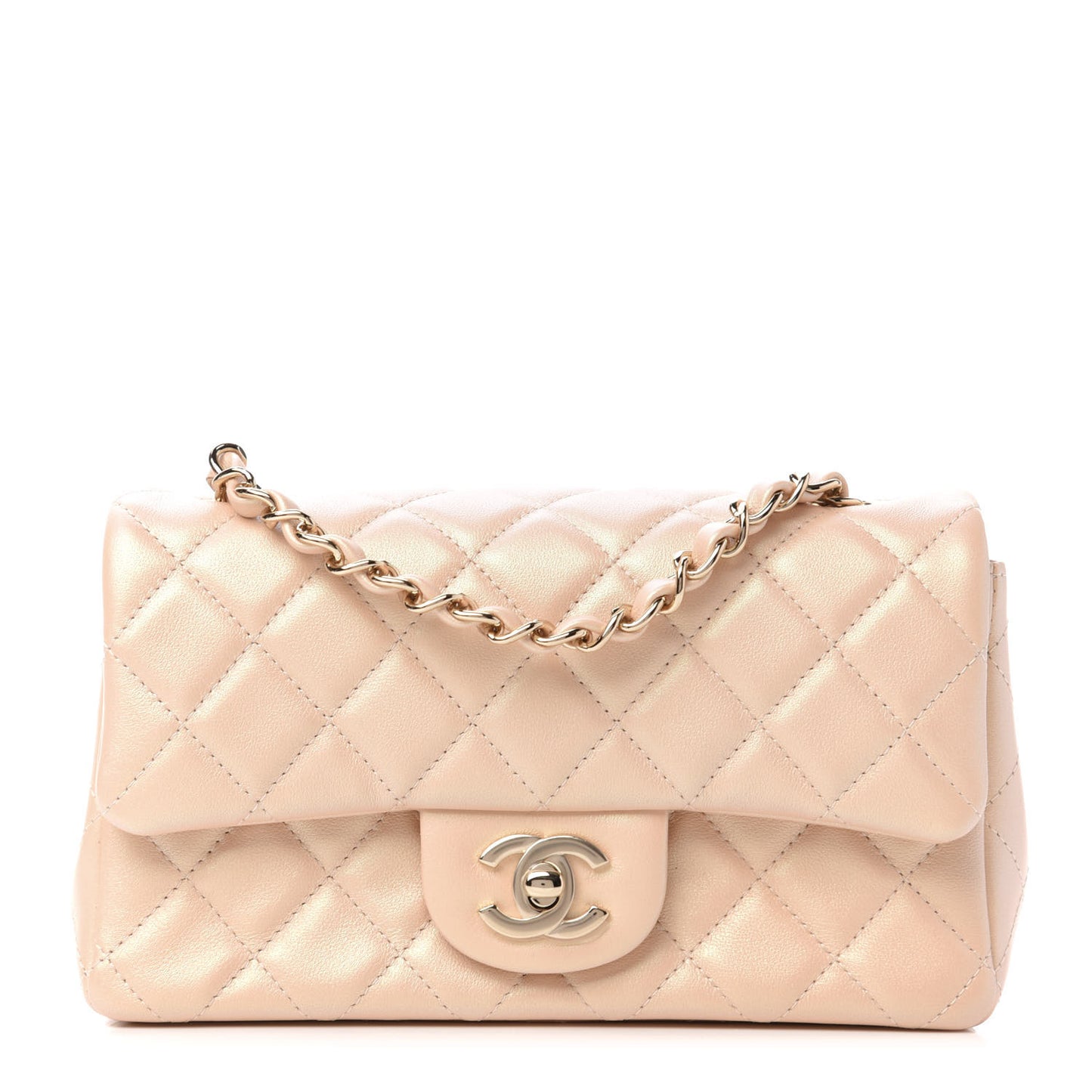 Iridescent Lambskin Quilted Mini Rectangular Flap Beige