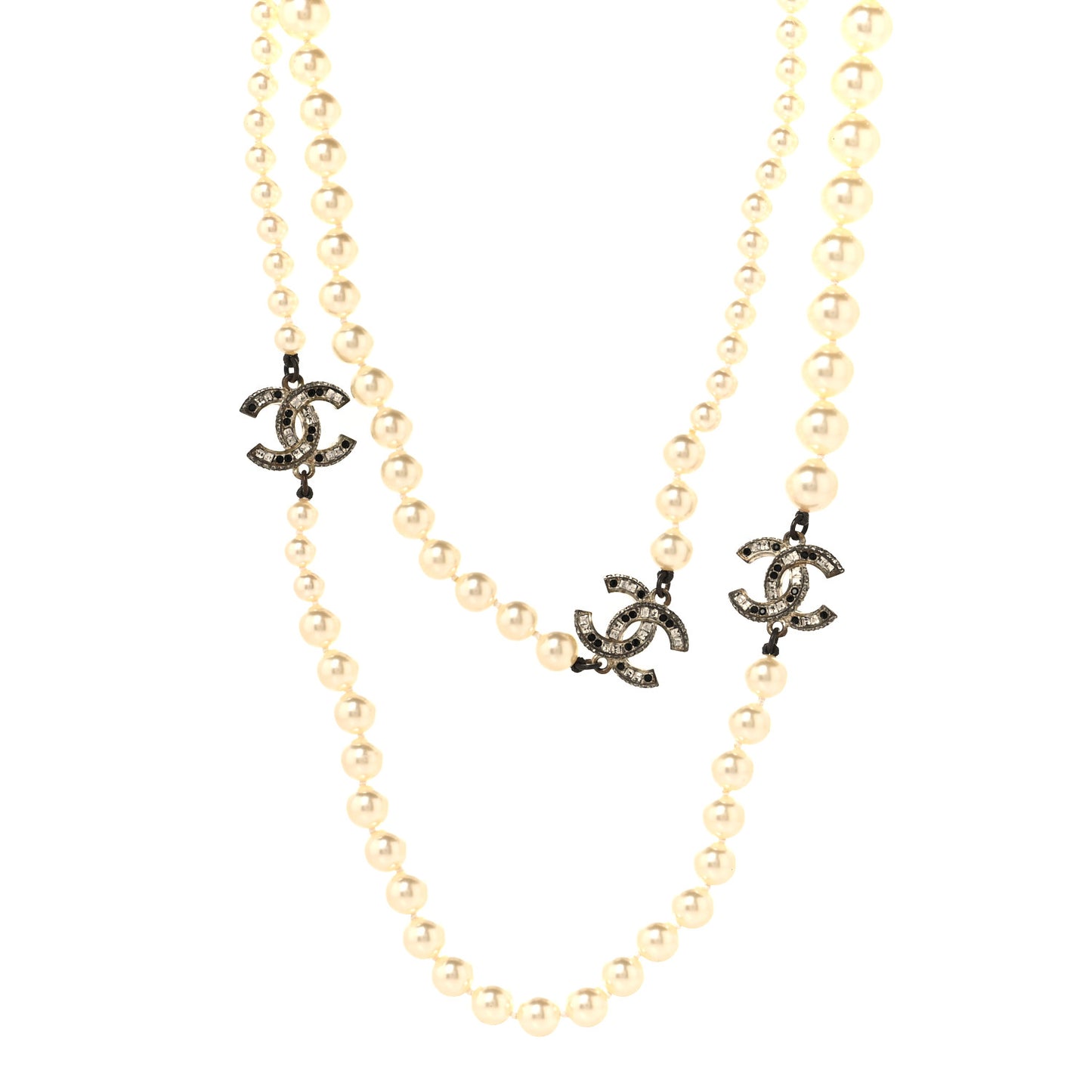 Graduated Pearl Crystal CC Long Necklace Gold Black