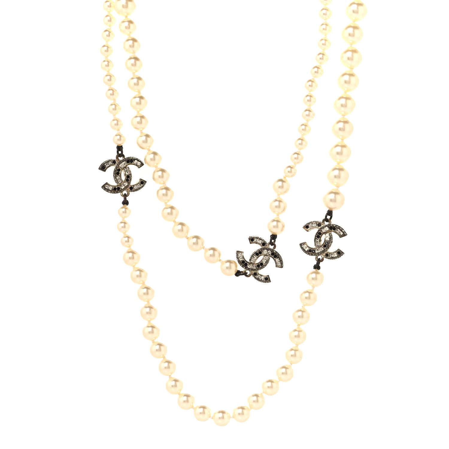 Chanel Graduated Pearl Crystal CC Long Necklace Gold Black 1 of 4