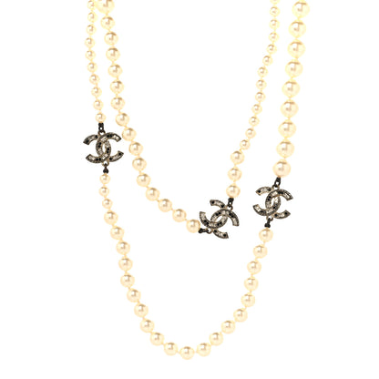 Chanel Graduated Pearl Crystal CC Long Necklace Gold Black 1 of 4