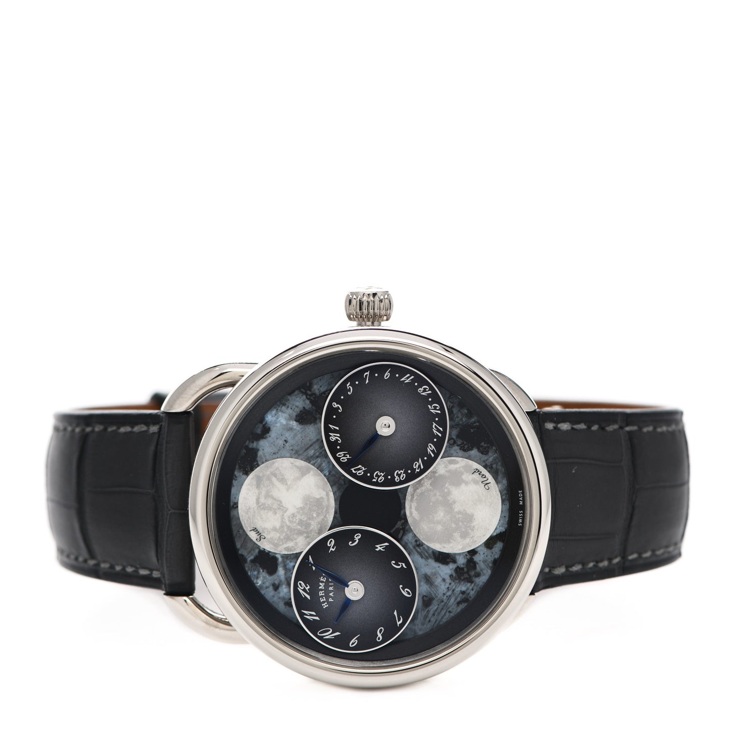 18K White Gold Alligator Blue Mother of Pearl 43mm Arceau L'Heure De La Lune Moon Phase Automatic Watch Graphite