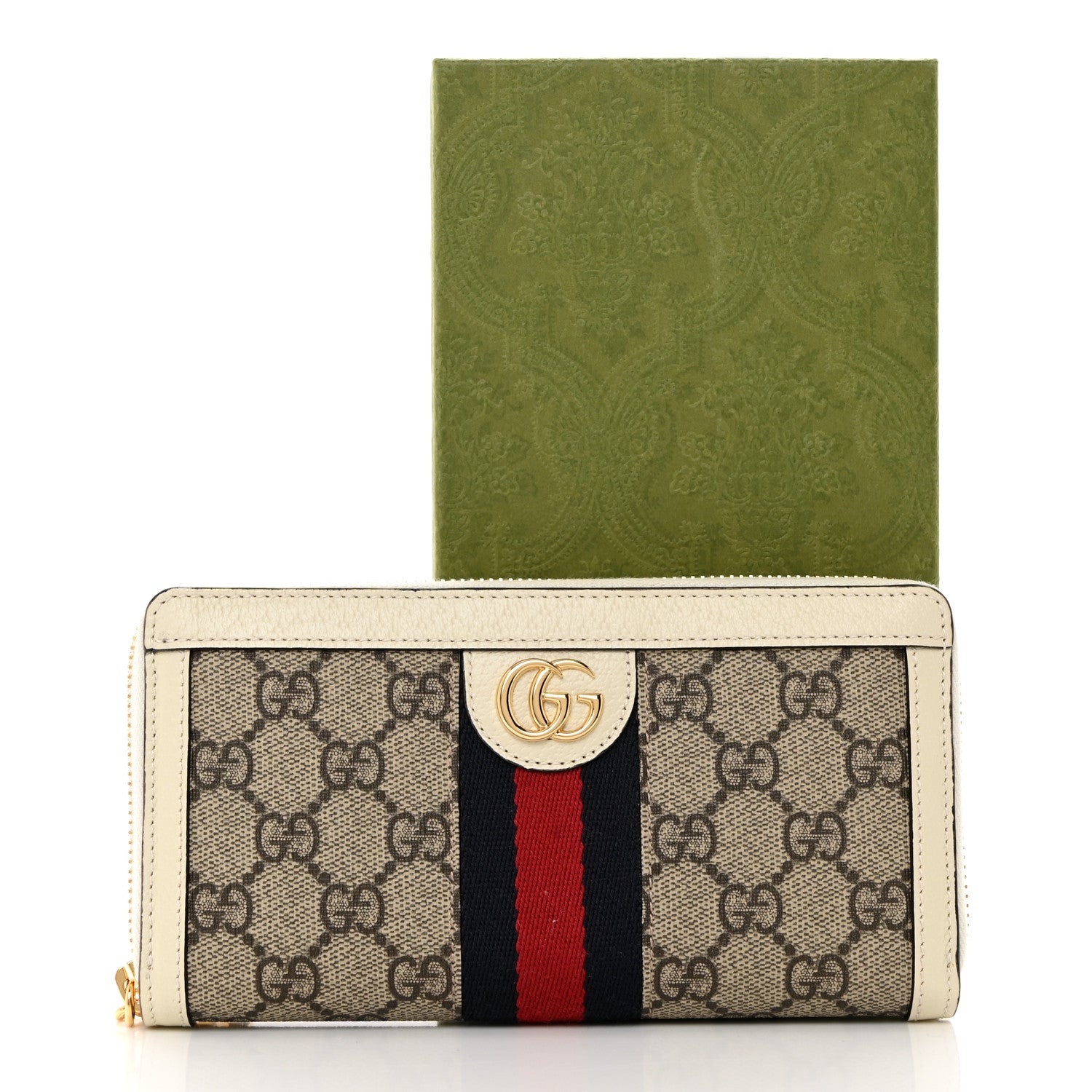 Gucci GG Supreme Monogram Textured Dollar Calfskin Web Ophidia Zip Around Wallet Beige Ebony Mystic White 8 of 8