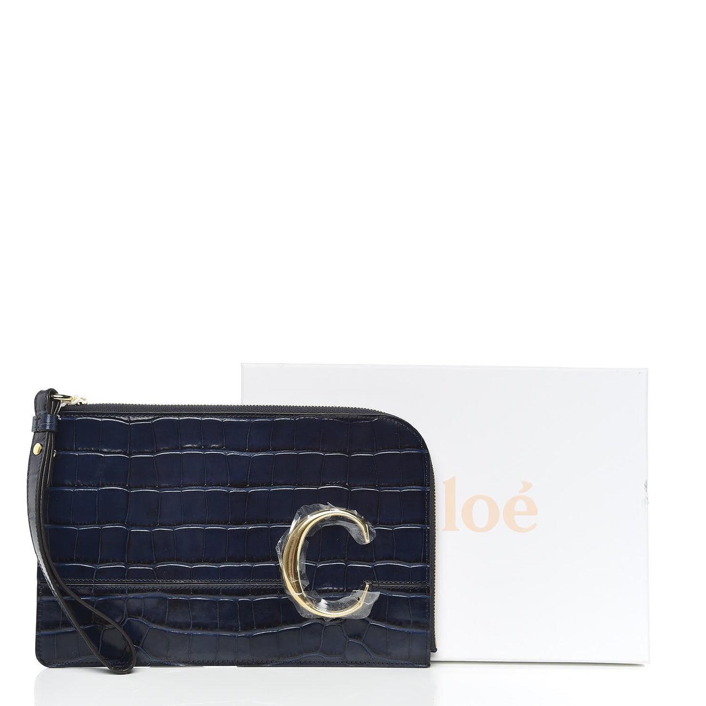 Calfskin Crocodile Embossed C Flat Pouch Full Blue