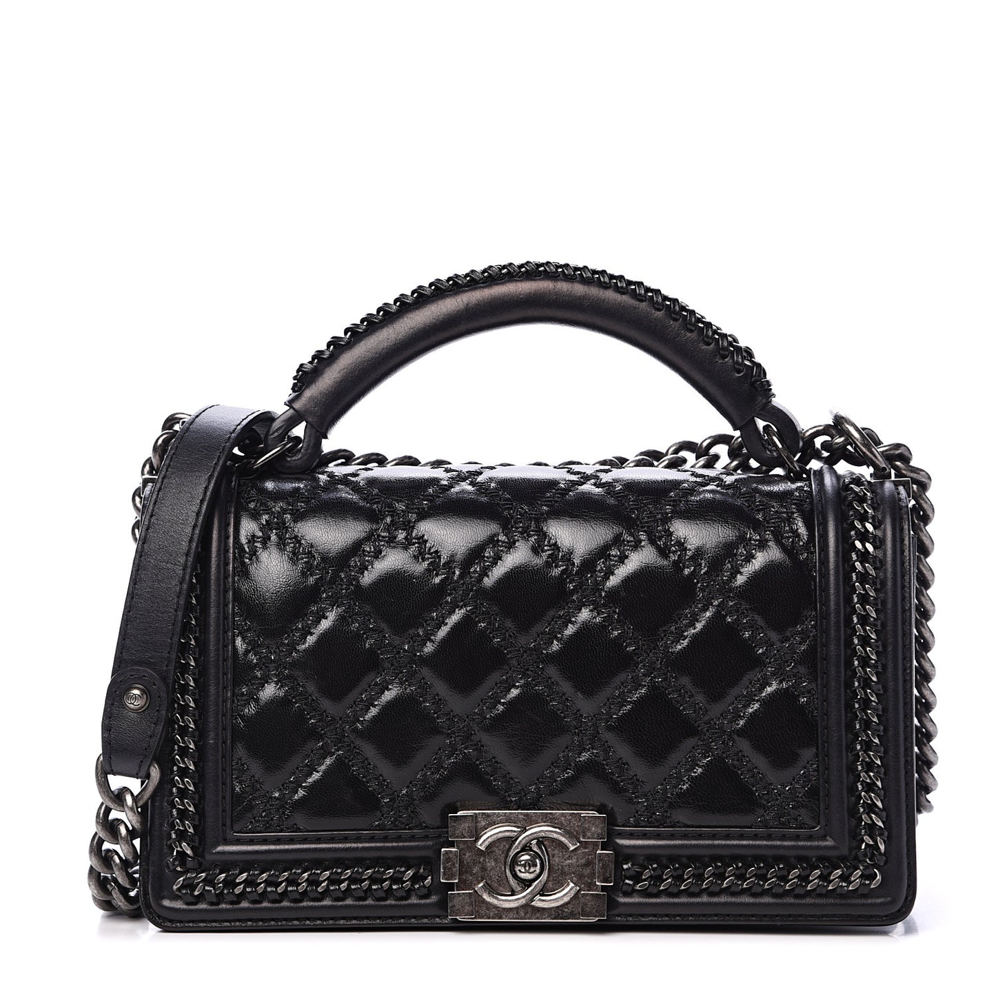 Calfskin Quilted Medium Top Handle Boy Flap Black