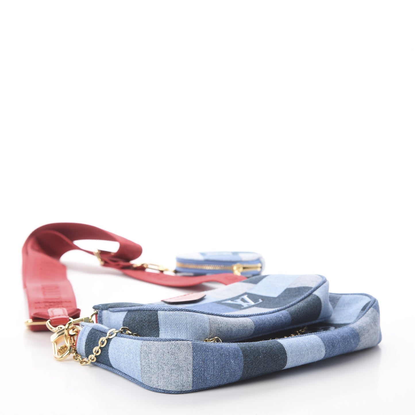 Denim Damier Monogram Patchwork Multi Pochette Accessories Blue Rouge