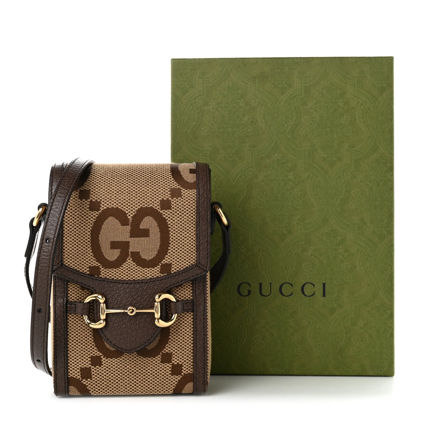 Monogram Jumbo GG Textured Dollar Calfskin Mini Horsebit 1955 Crossbody Bag Camel Ebony New Acero