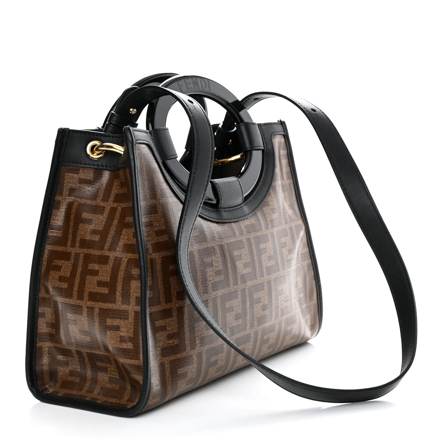 Glazed Fabric Vitello Century Plexiglass FF 1974 Stamp Patch Small Runaway Shopper Tote Mogano Panna Black