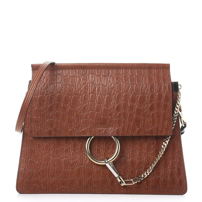 Chloe Calfskin Crocodile Embossed Medium Faye Shoulder Bag Mahogany 1 of 7