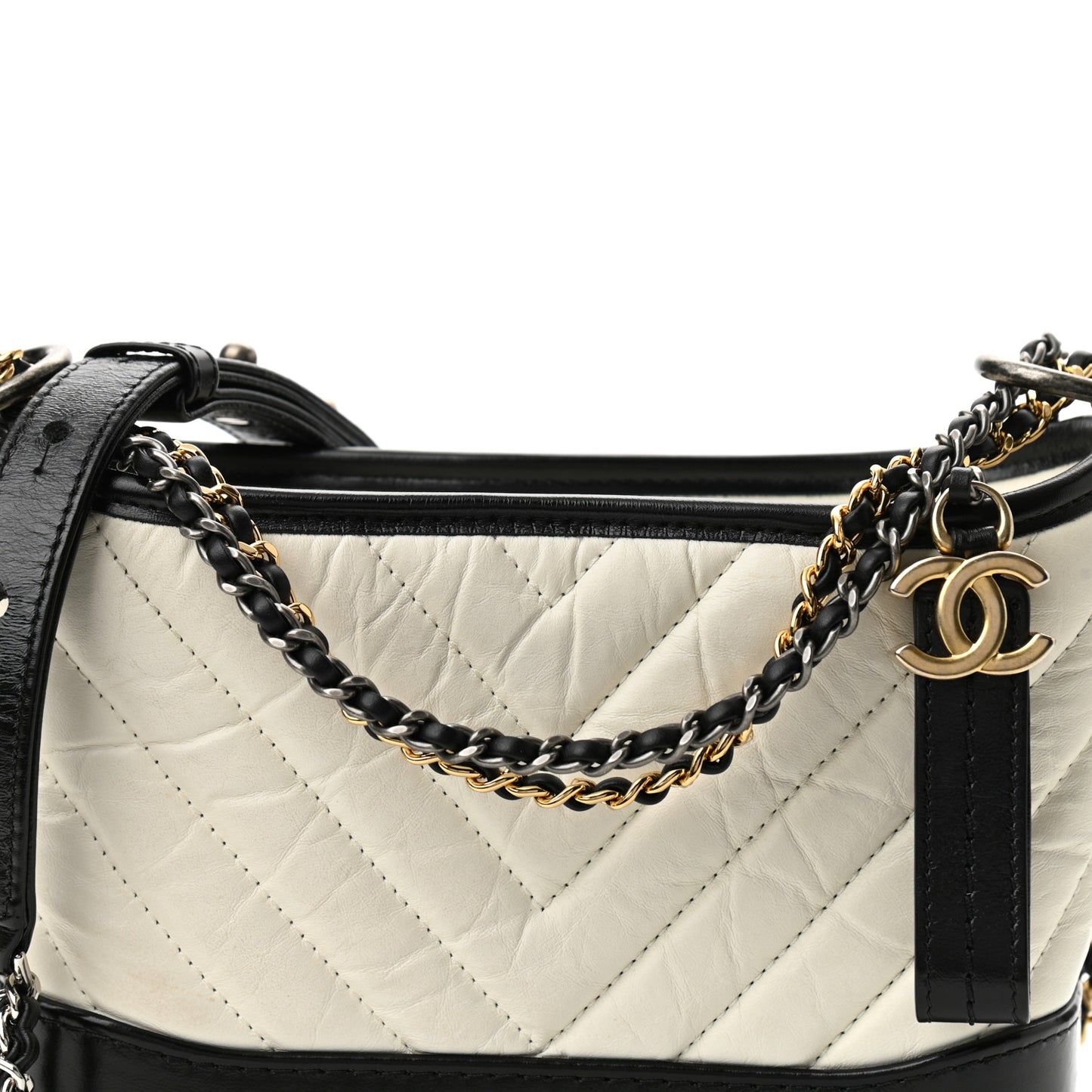 Aged Calfskin Chevron Quilted Small Gabrielle Hobo Black White