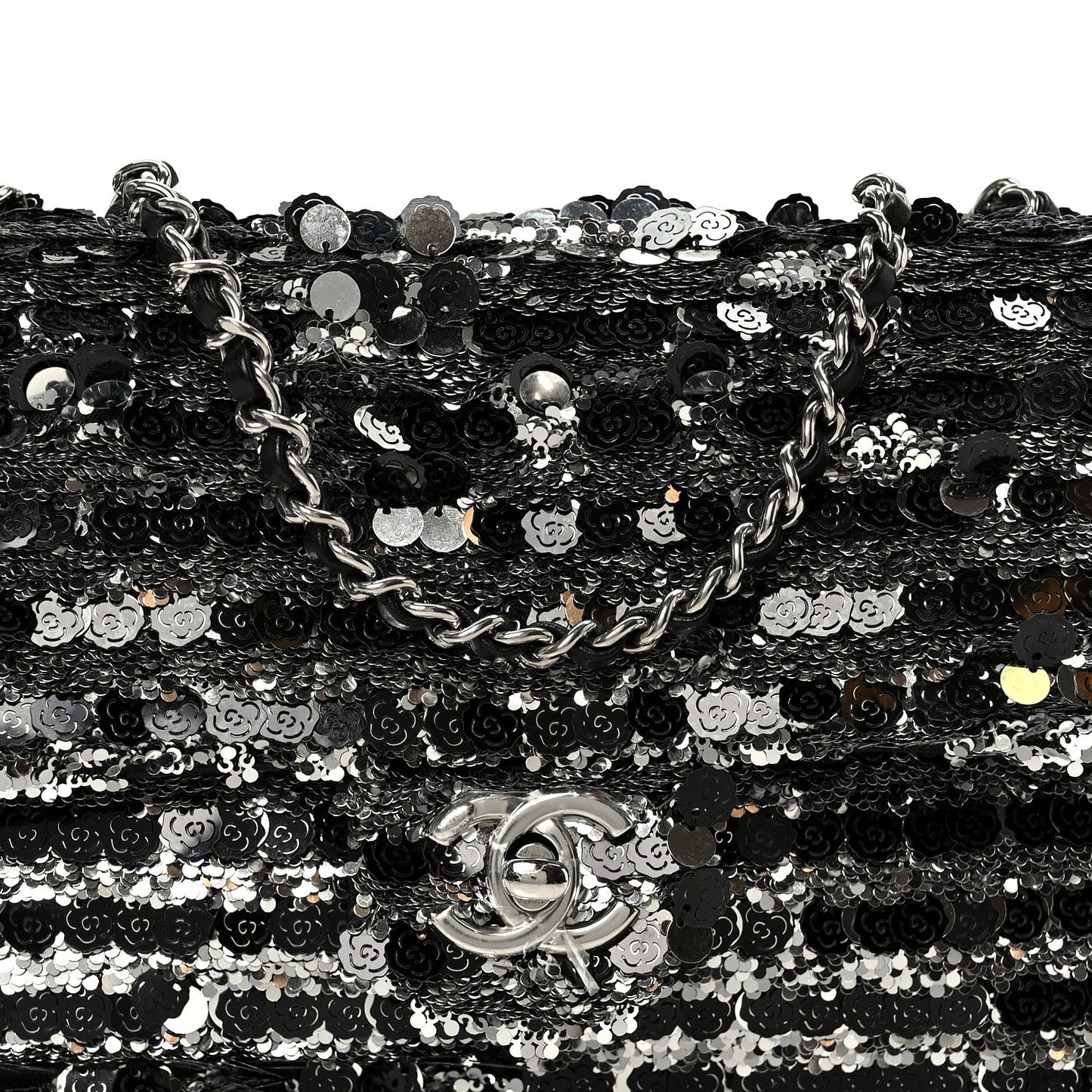 Sequin Camellia Small Single Flap Silver Black