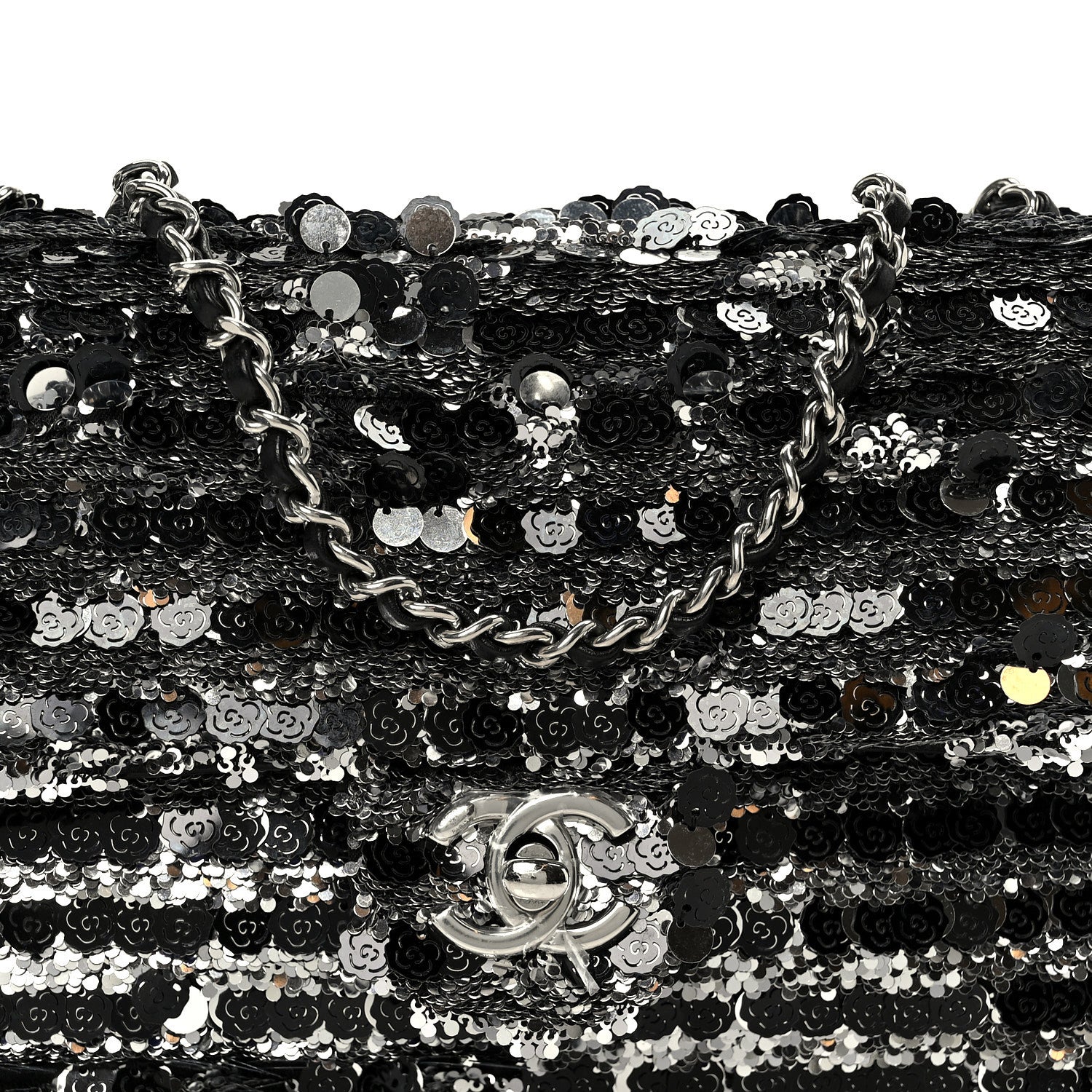 Chanel Sequin Camellia Small Single Flap Silver Black 9 of 12