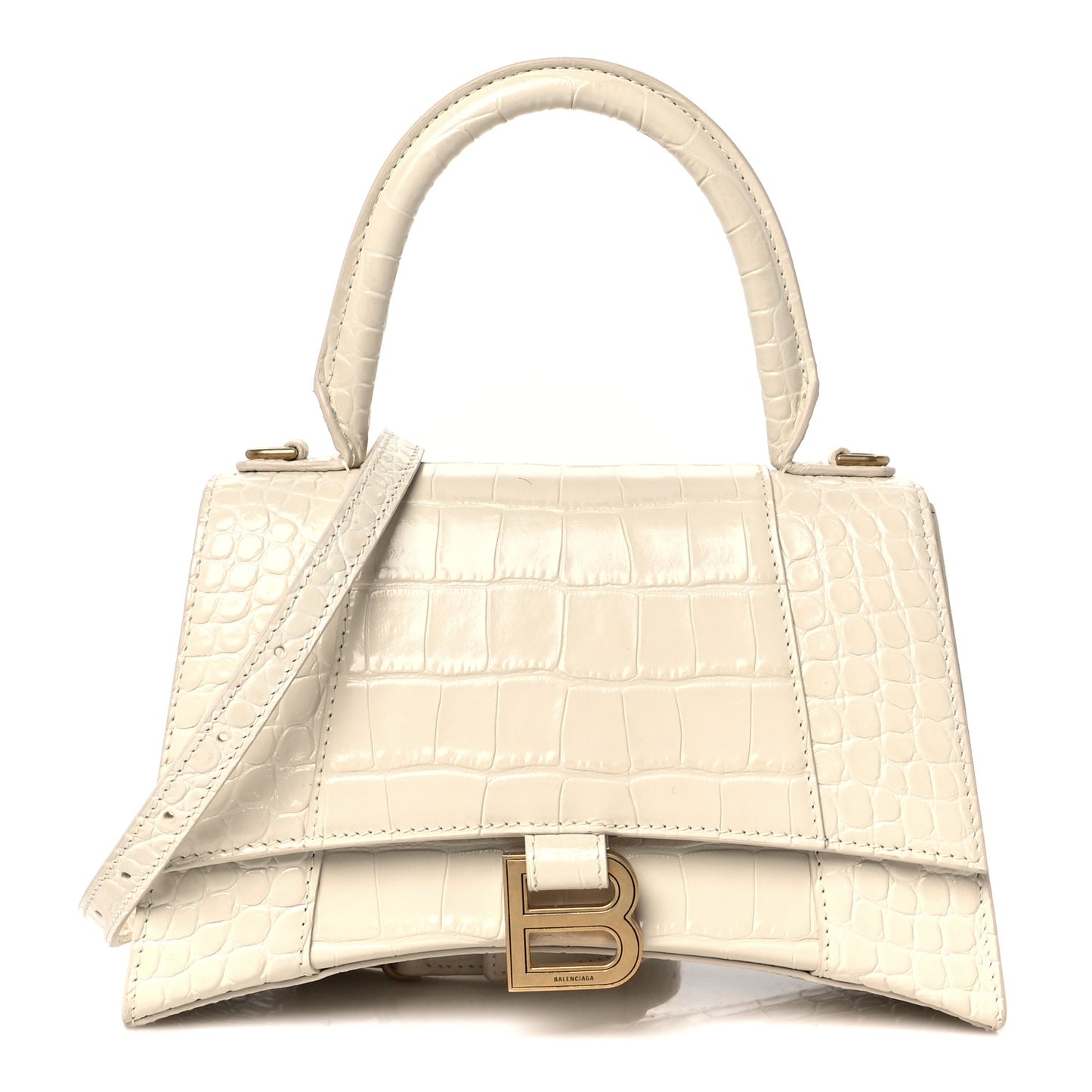 Shiny Calfskin Crocodile Embossed Small Hourglass Top Handle Bag Cream