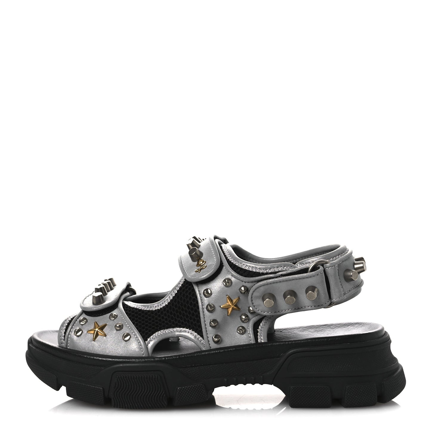 Technical Canvas Calfskin Reflective Studded Mens Aguru Sandals 6.5 Silver Black