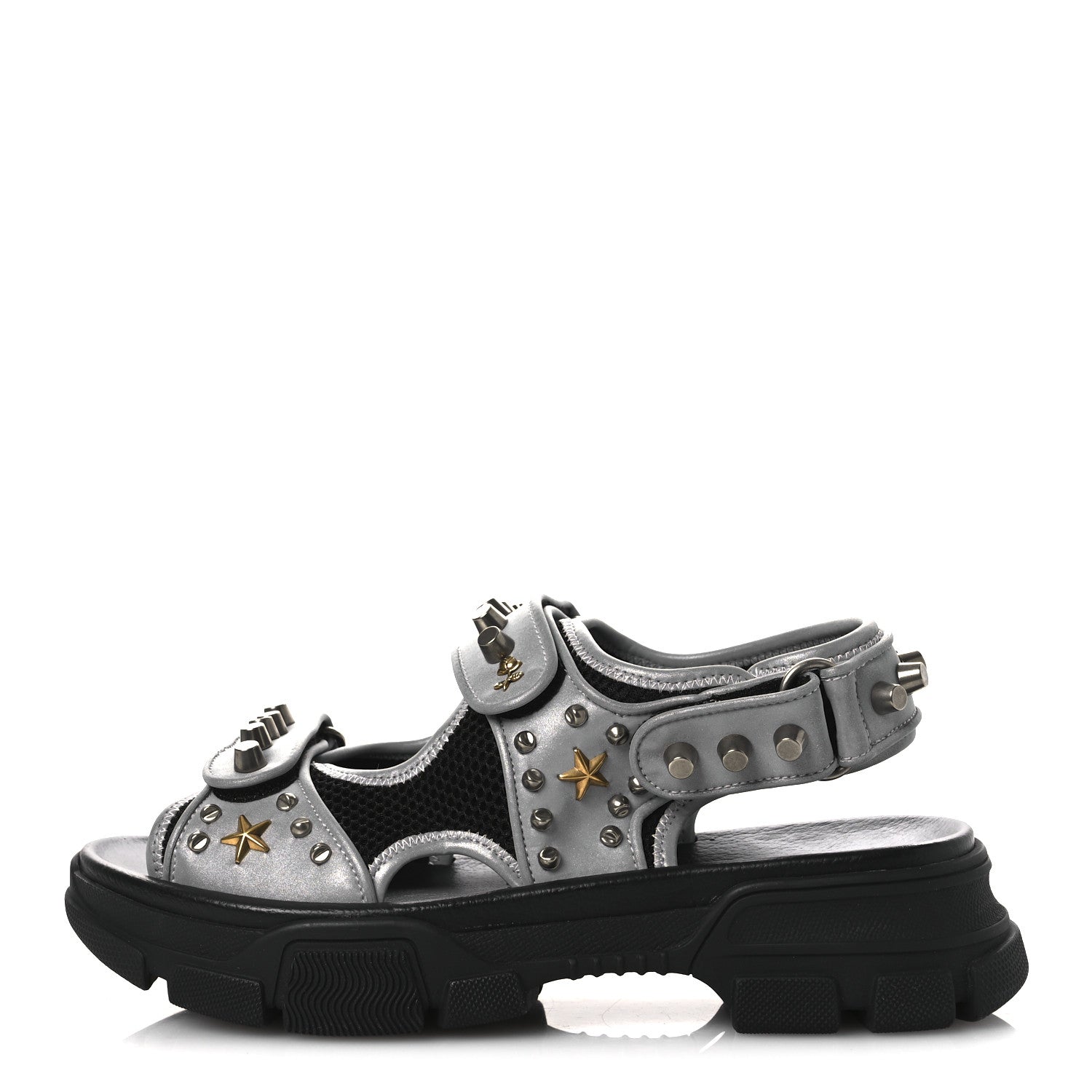 Gucci Technical Canvas Calfskin Reflective Studded Mens Aguru Sandals 6.5 Silver Black 1 of 9
