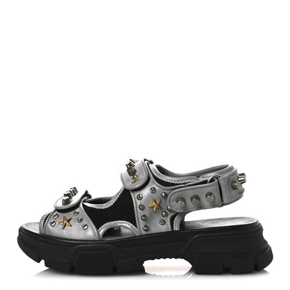 Gucci Technical Canvas Calfskin Reflective Studded Mens Aguru Sandals 6.5 Silver Black 1 of 9