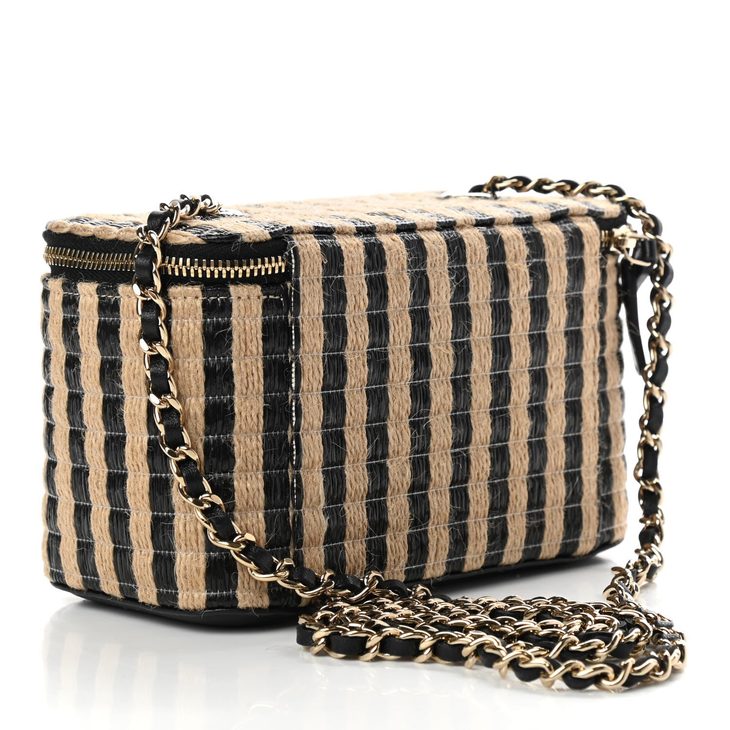 Chanel Raffia Jute Striped Small Vanity Case With Chain Black Beige 3 of 7