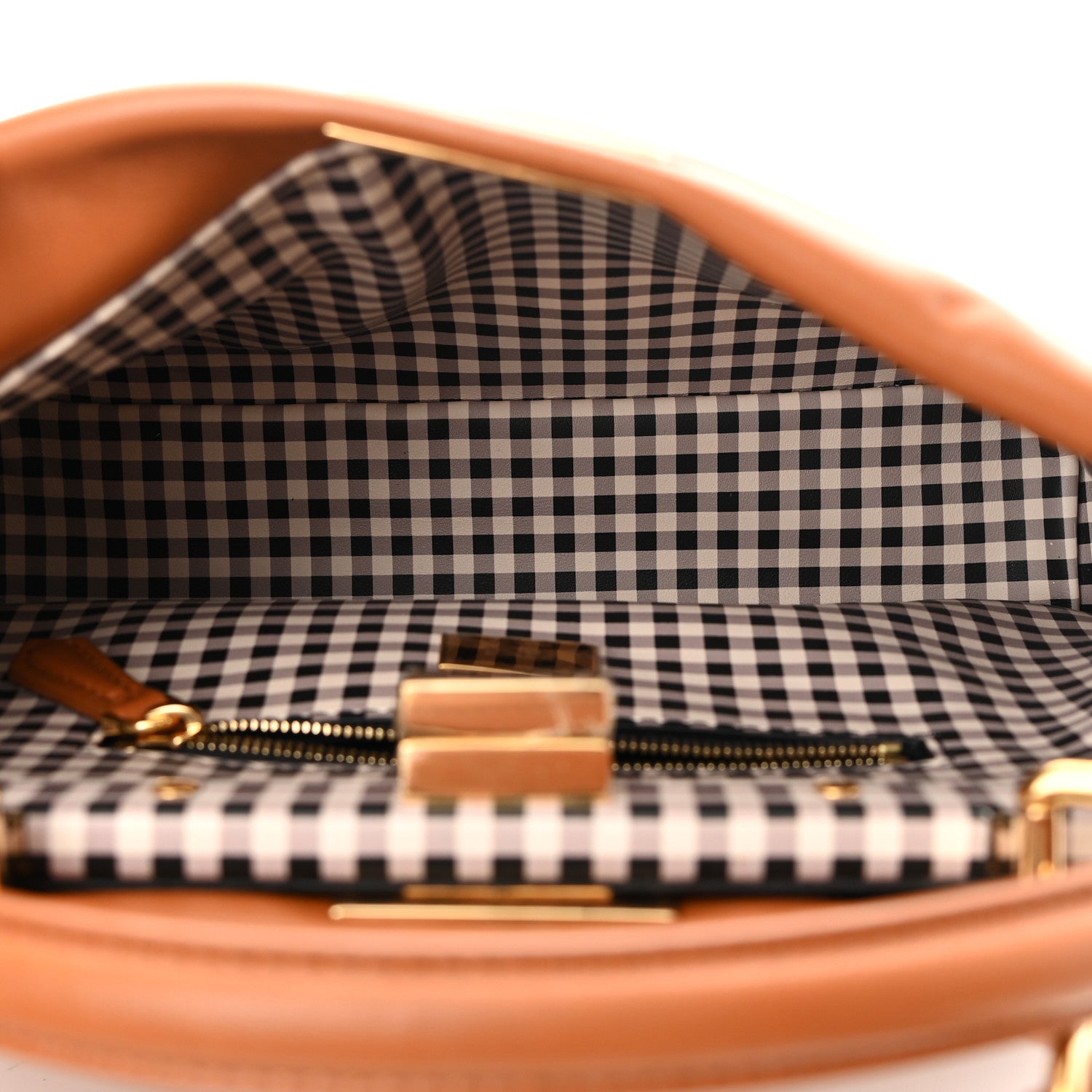 Fendi Nappa Vitello Century Gingham Embossed Mini Peekaboo Iconic Satchel Brandy White Black 6 of 15