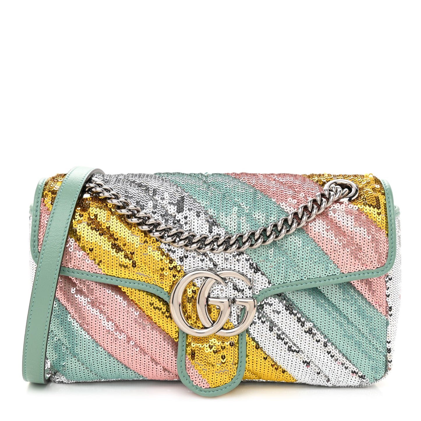 Sequin Satin Calfskin Matelasse Diagonal Small GG Marmont Shoulder Bag Grigio Argento Verde Chiaro Rosa Giallo Light Water Green
