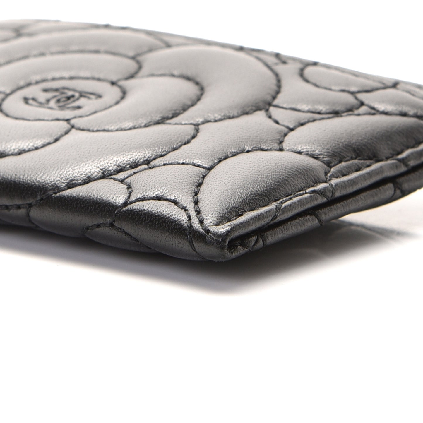 Lambskin Camellia Embossed Card Holder Black