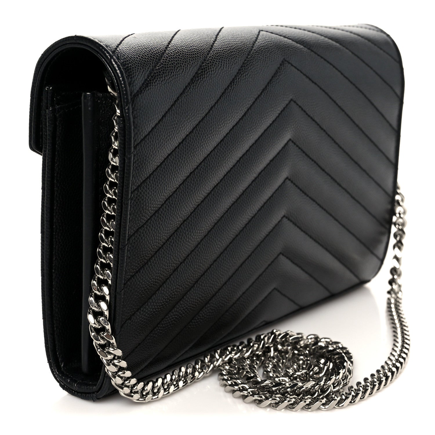 Saint Laurent Grain De Poudre Matelasse Chevron Monogram Chain Wallet Black 3 of 10